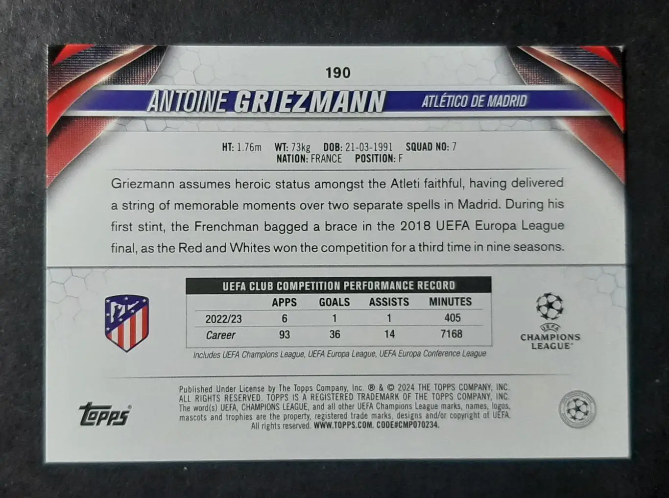 Картка Topps Antoine Griezmann / Антуан Грізманн Атлетіко Мадрид 1