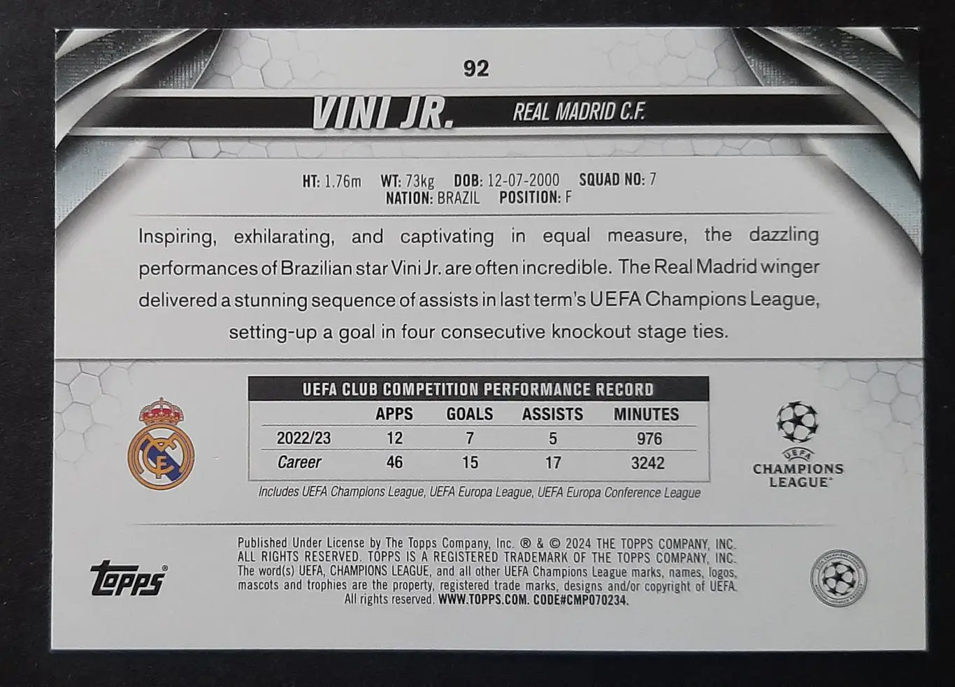 Картка Topps Vini JR / Вінісіус Жуніор Реал Мадрид 1