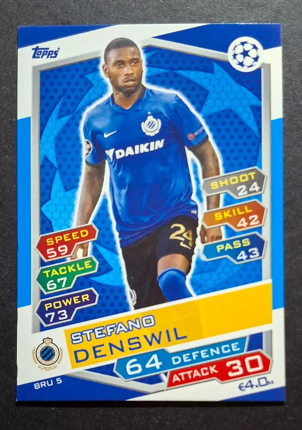 Картка Topps Stefano Denswil / Стефано Денсвіл Брюгге Бельгія ЛЧ 2016/17
