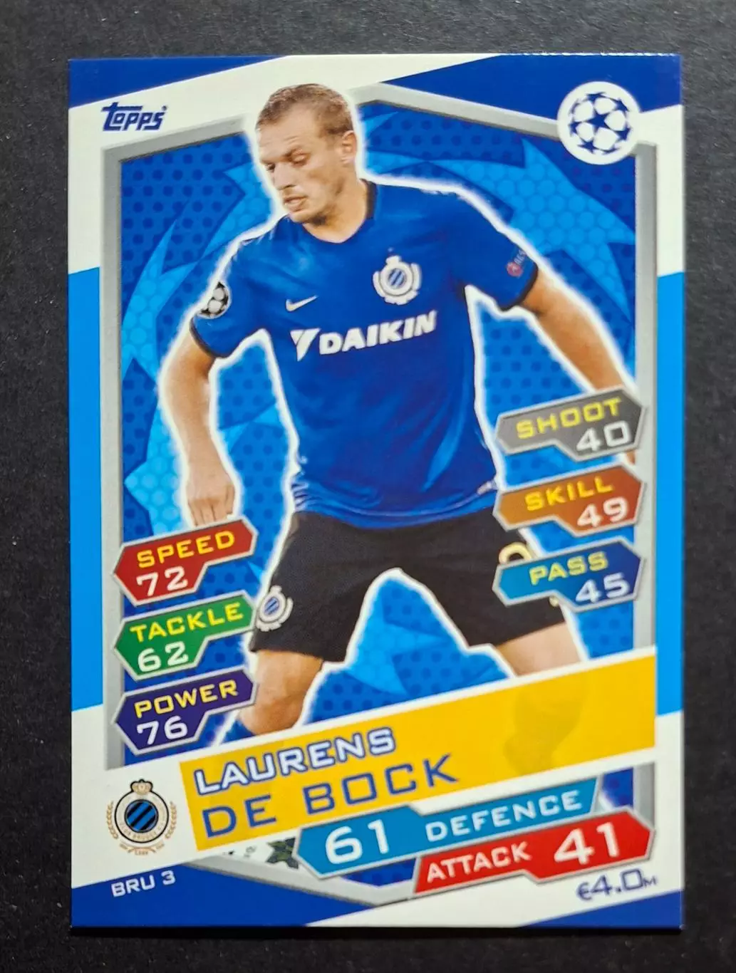Картка Topps Laurens De Bock / Лоран Де Бок Брюгге Бельгія Ліга Чемпіонів 2016