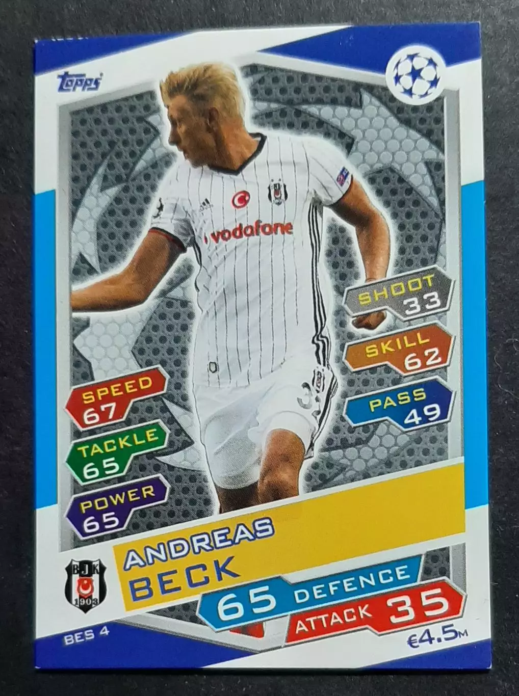Картка Topps Andreas Beck/ Андреас Бек Бешикташ Туреччина Ліга Чемпіонів 2016/17