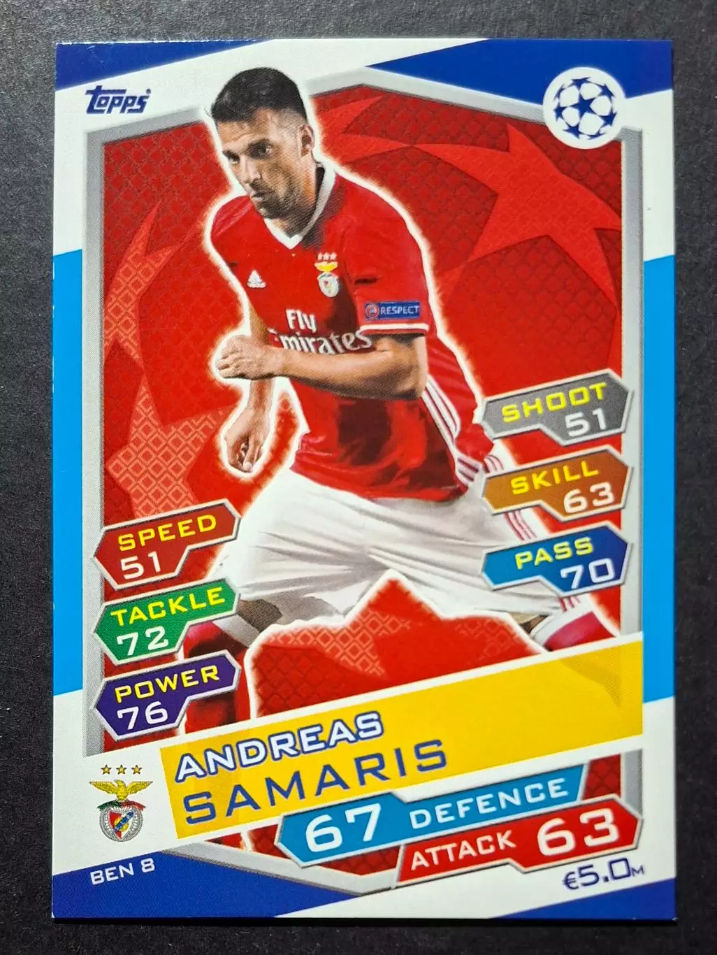 Картка Topps Andreas Samaris / Андреас Самаріс Бенфіка Португалія ЛЧ 2016/17