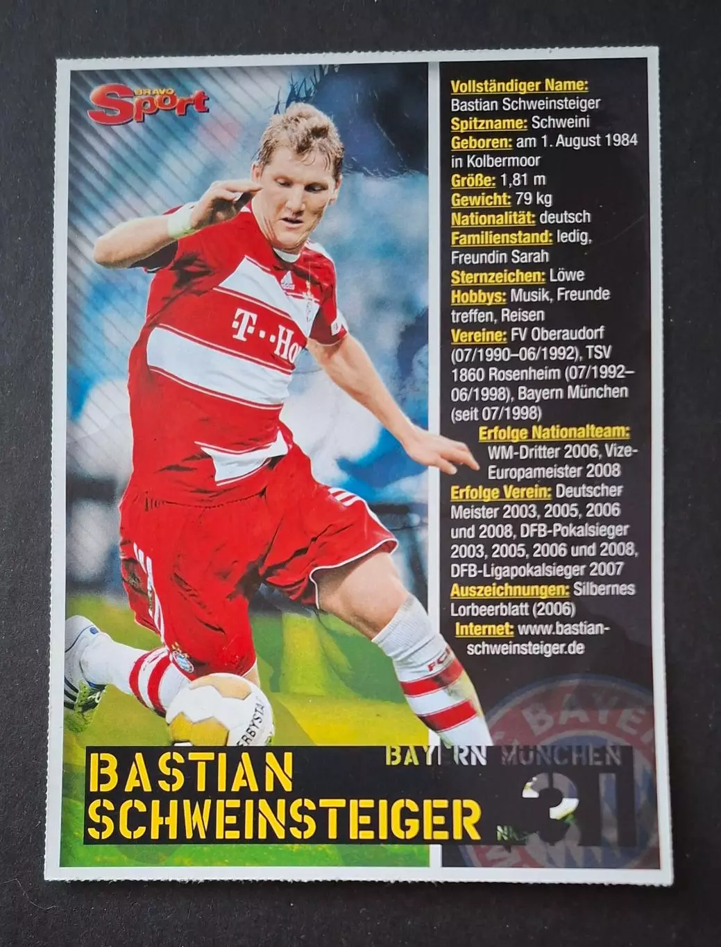 Картка Schweinsteiger / Швайнштайгер з журналу Bravo Sport 1