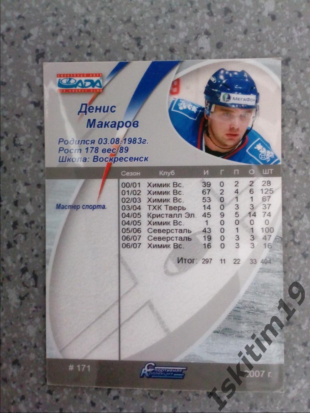 Карточка хоккей 2007-2008 Денис Макаров защитник ХК Лада Тольятти № 171 СК 1