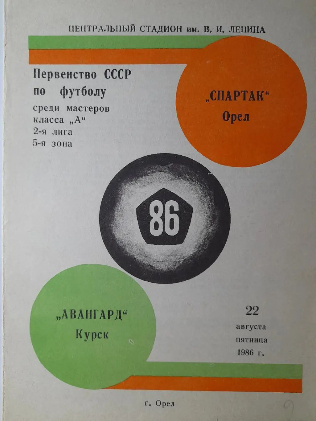 Спартак Орёл - Авангард Курск, Первенство СССР, 2 лига, 5 зона, 22.08.1986г.