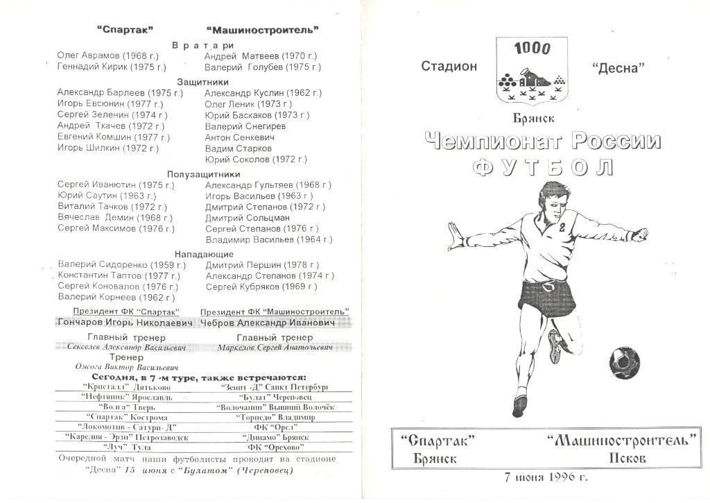 Спартак Брянск - Машиностроитель Псков 07.06.1996