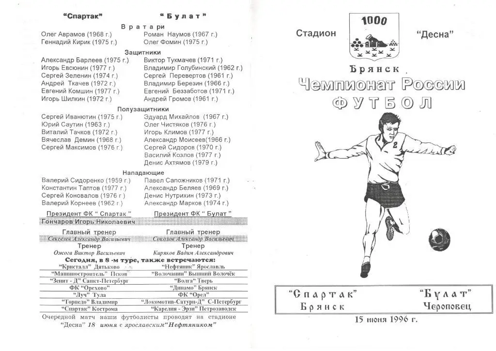 Спартак Брянск - Булат Череповец 15.06.1996