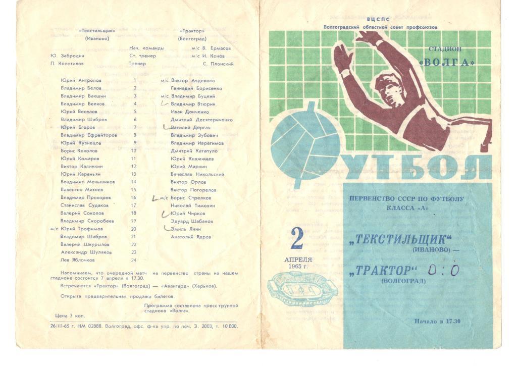 Трактор Волгоград - Текстильщик Иваново 02.04.1965