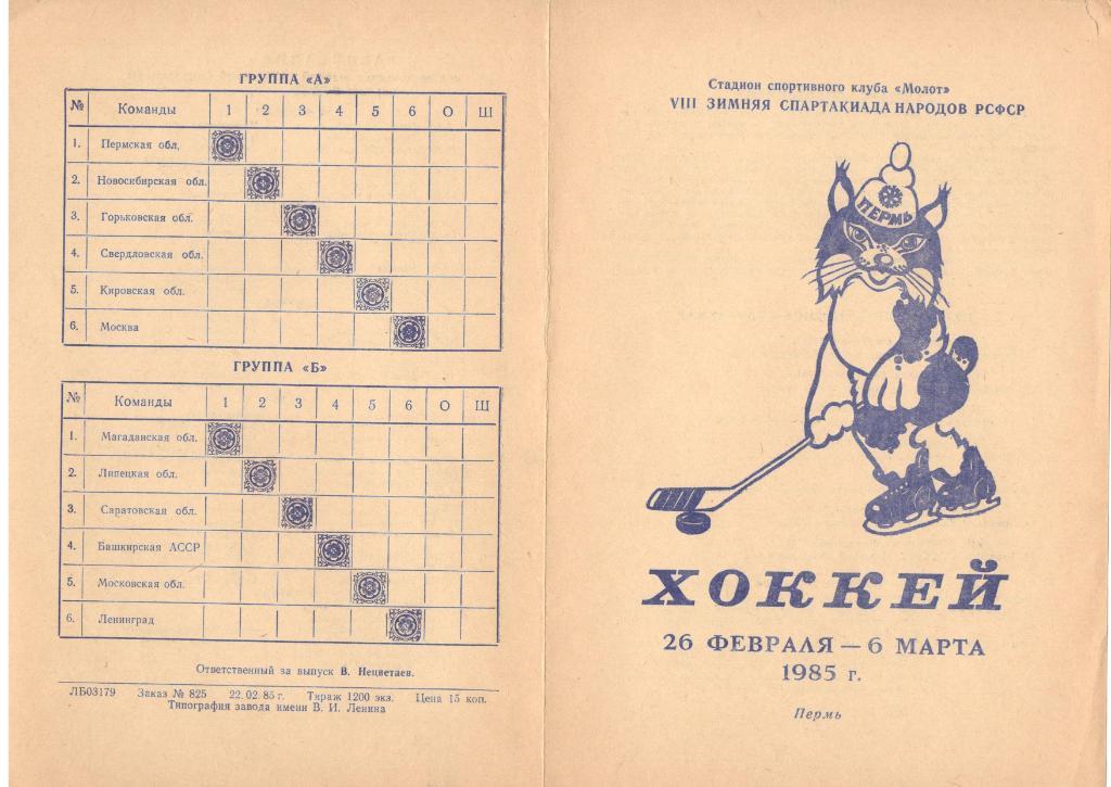 Программа хоккейного турнира VIII Зимней Спартакиады народов РСФСР Пермь 1985