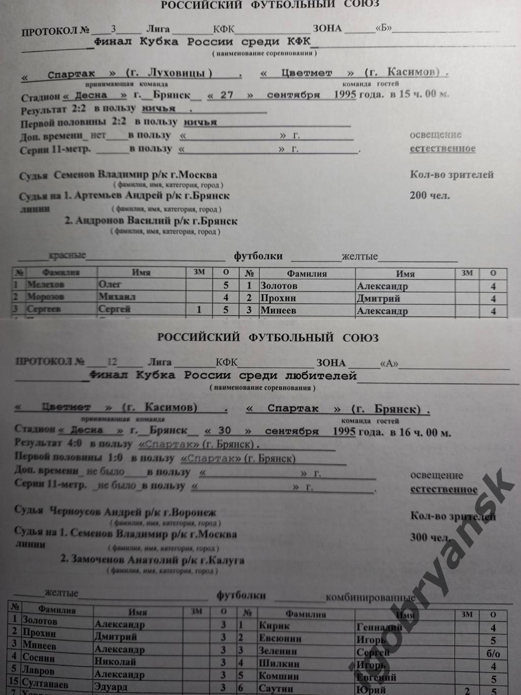 Протоколы игр Цветмет Касимов (Финал Кубка России среди КФК, Брянск, 1995) 1