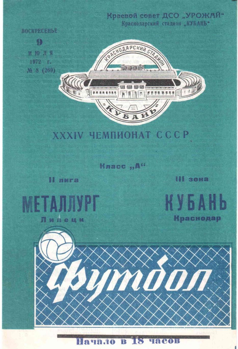 Кубань Краснодар - Металлург Липецк 09.07.1972