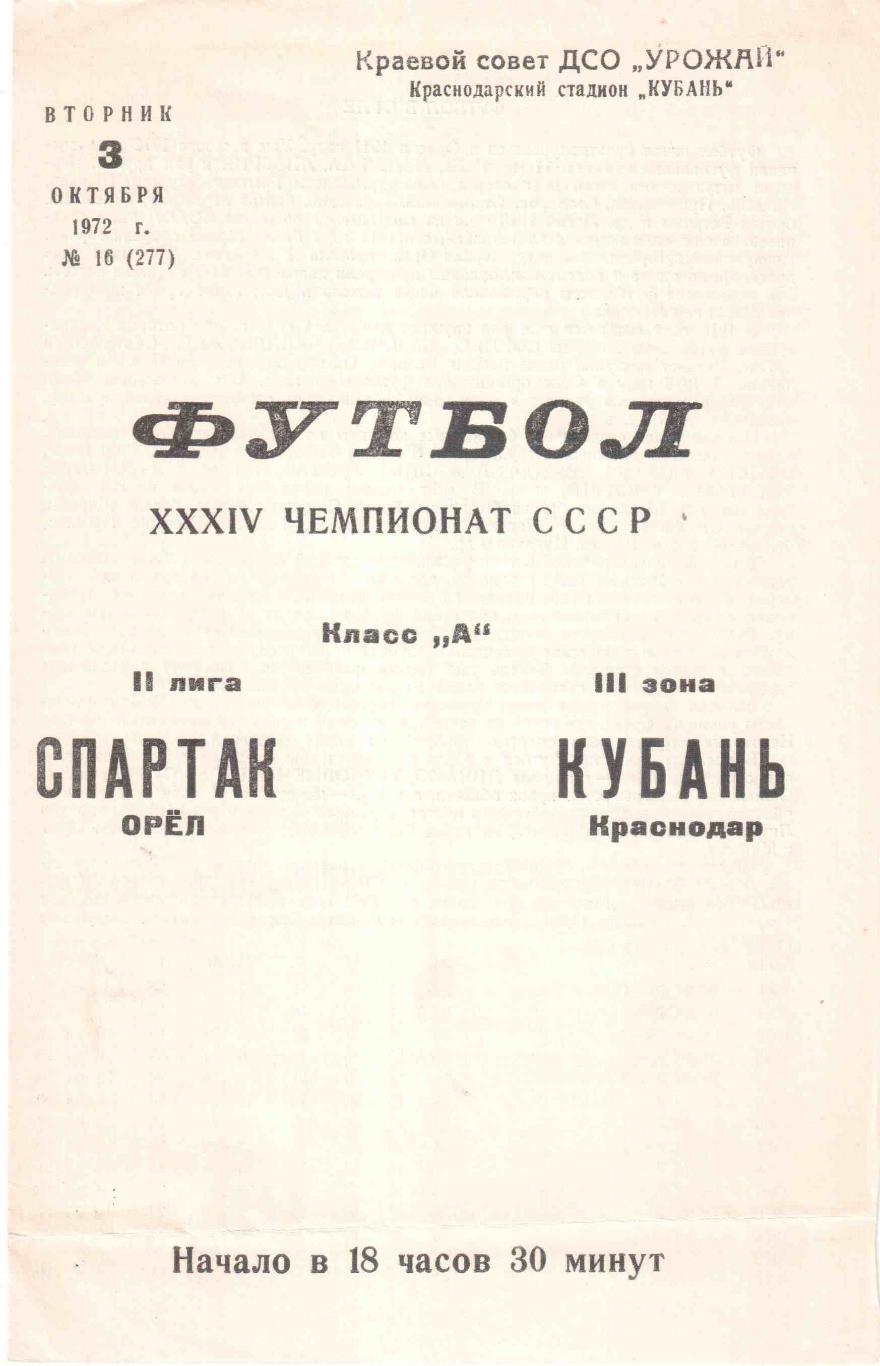 Кубань Краснодар - Спартак Орел 03.10.1972