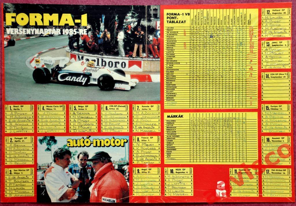 Плакат Формула-1. Календарь этапов. Сезон 1985 года.