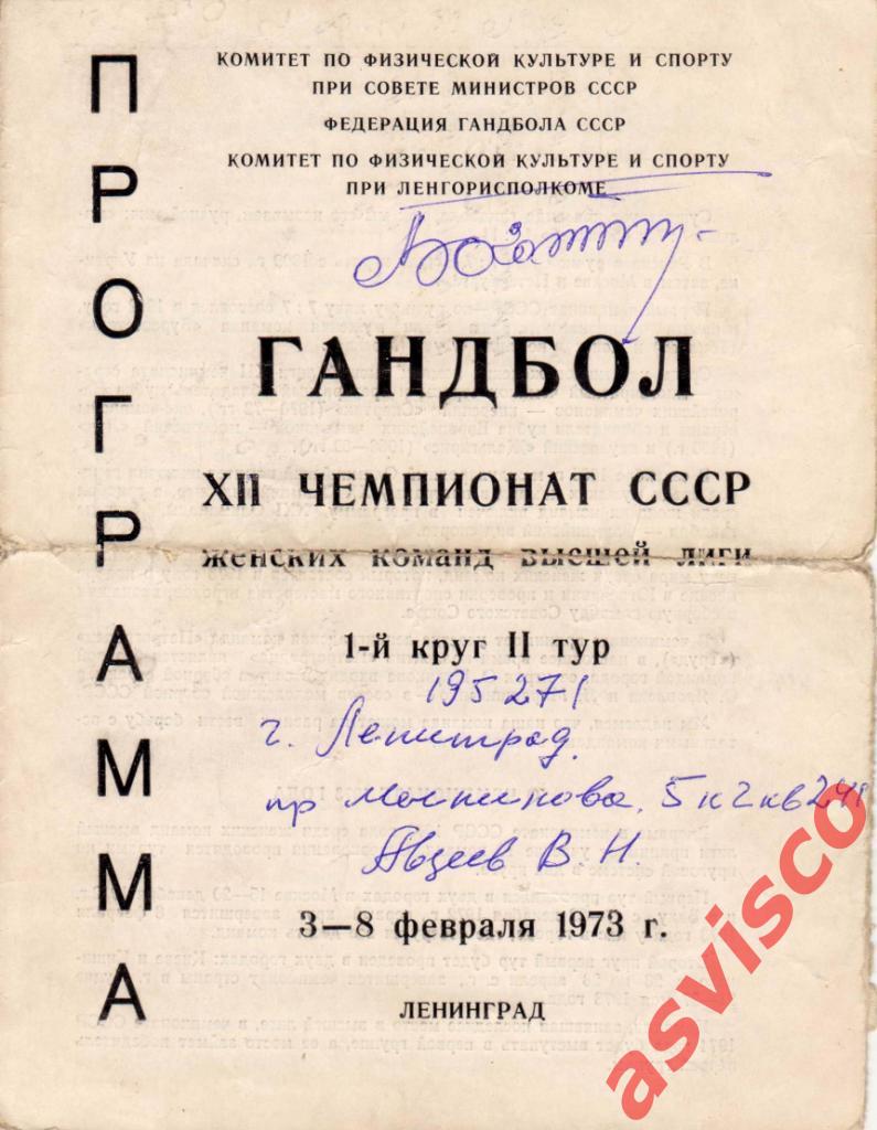 Гандбол. XII Чемпионат СССР среди женских команд. Высшая лига, 1973 год.