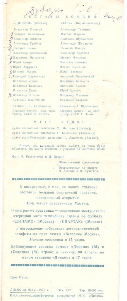 Динамо (Москва)- Заря (Ворошиловград)25.04.1971. 1
