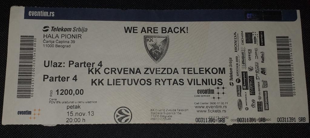билет КК Црвена звезда - Лиетувос Ритас 15.11.2013.