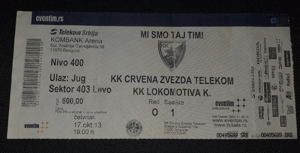 билет КК Црвена звезда - Локомотив Кубань 17.10.2013.