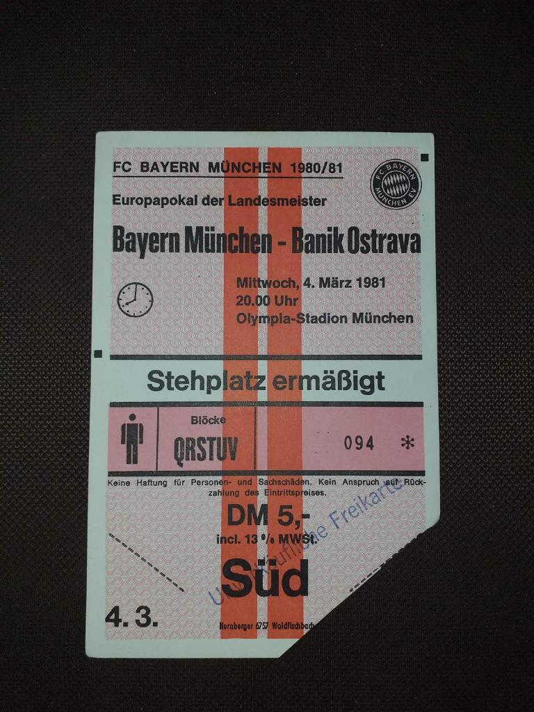 билет Бавария - Банник Острава 04.03.1981.