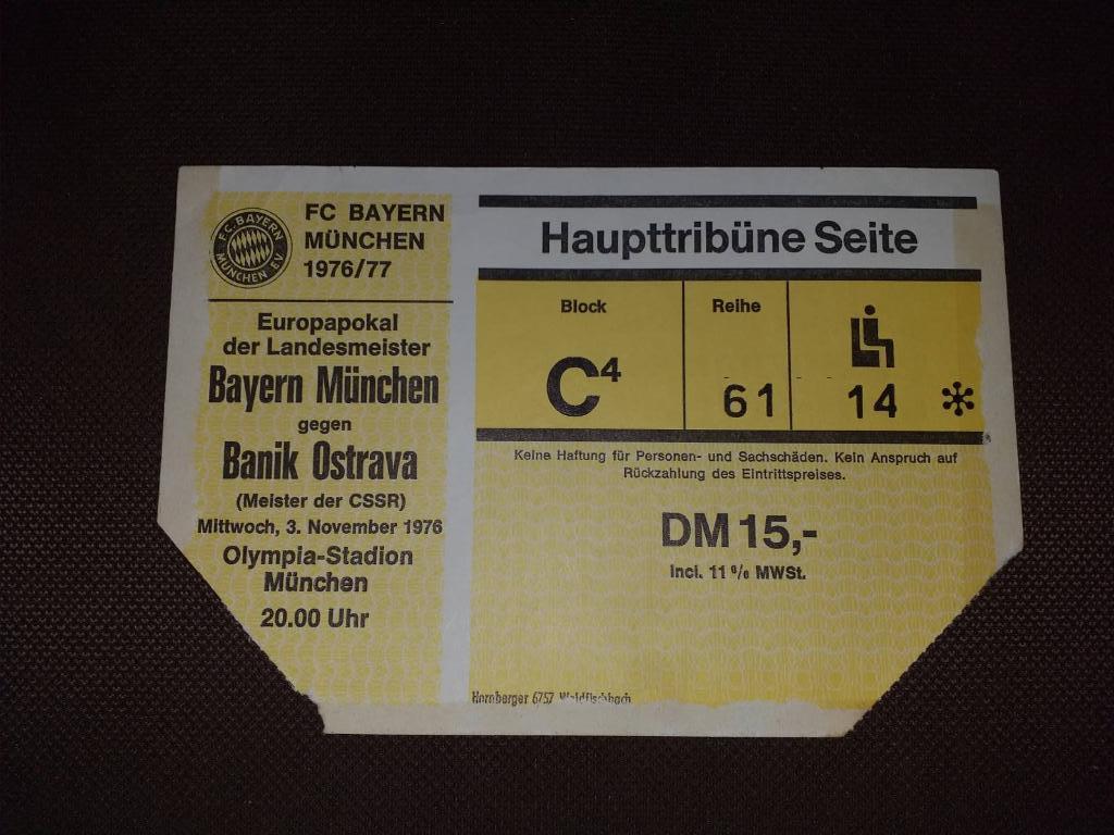 билет Бавария - Банник Острава 03.11.1976.