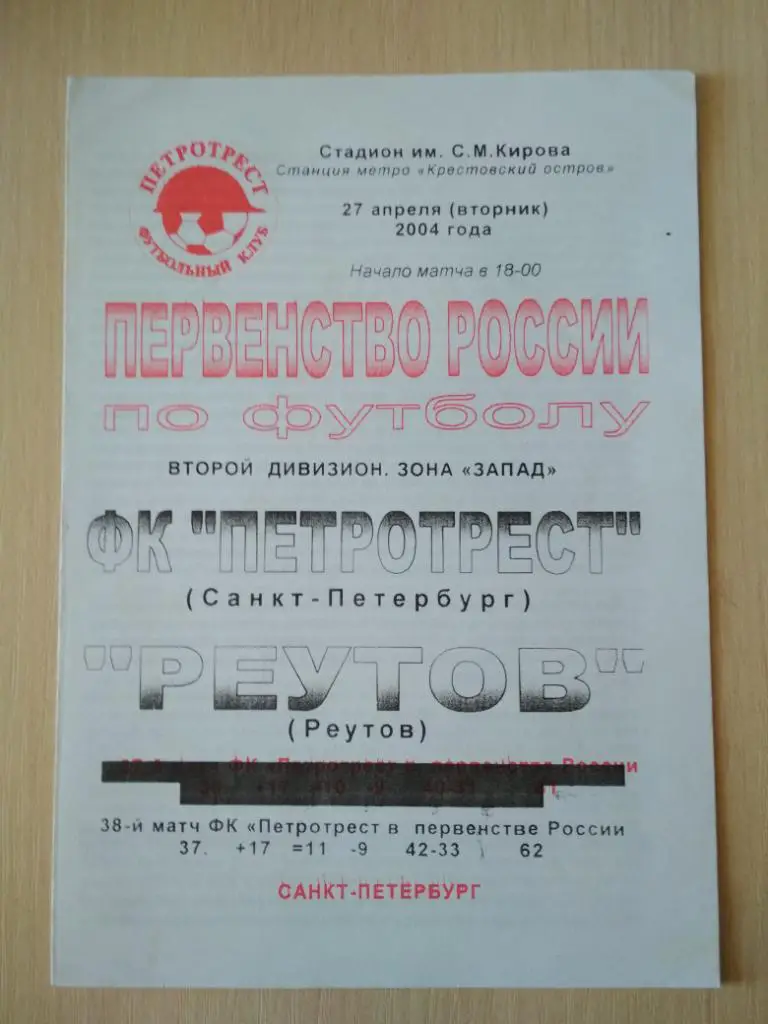 Петротрест Санкт-Петербург-Реутов 27 апреля 2004