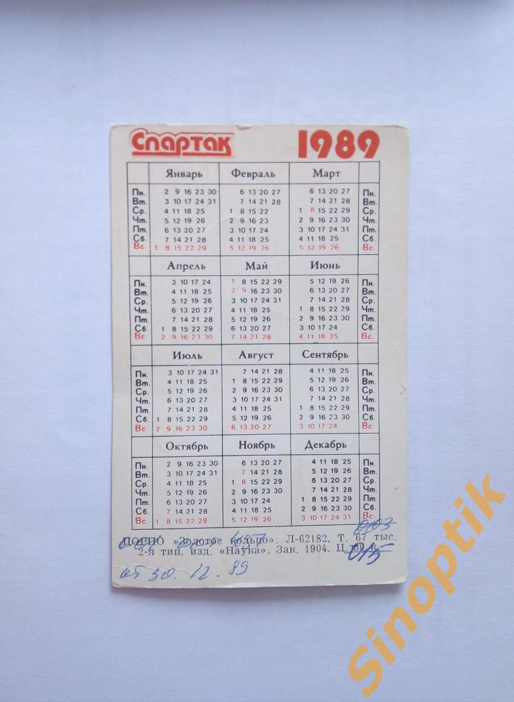 Федор Черенков 1989г Спартак, СССР Карманный календарик 1