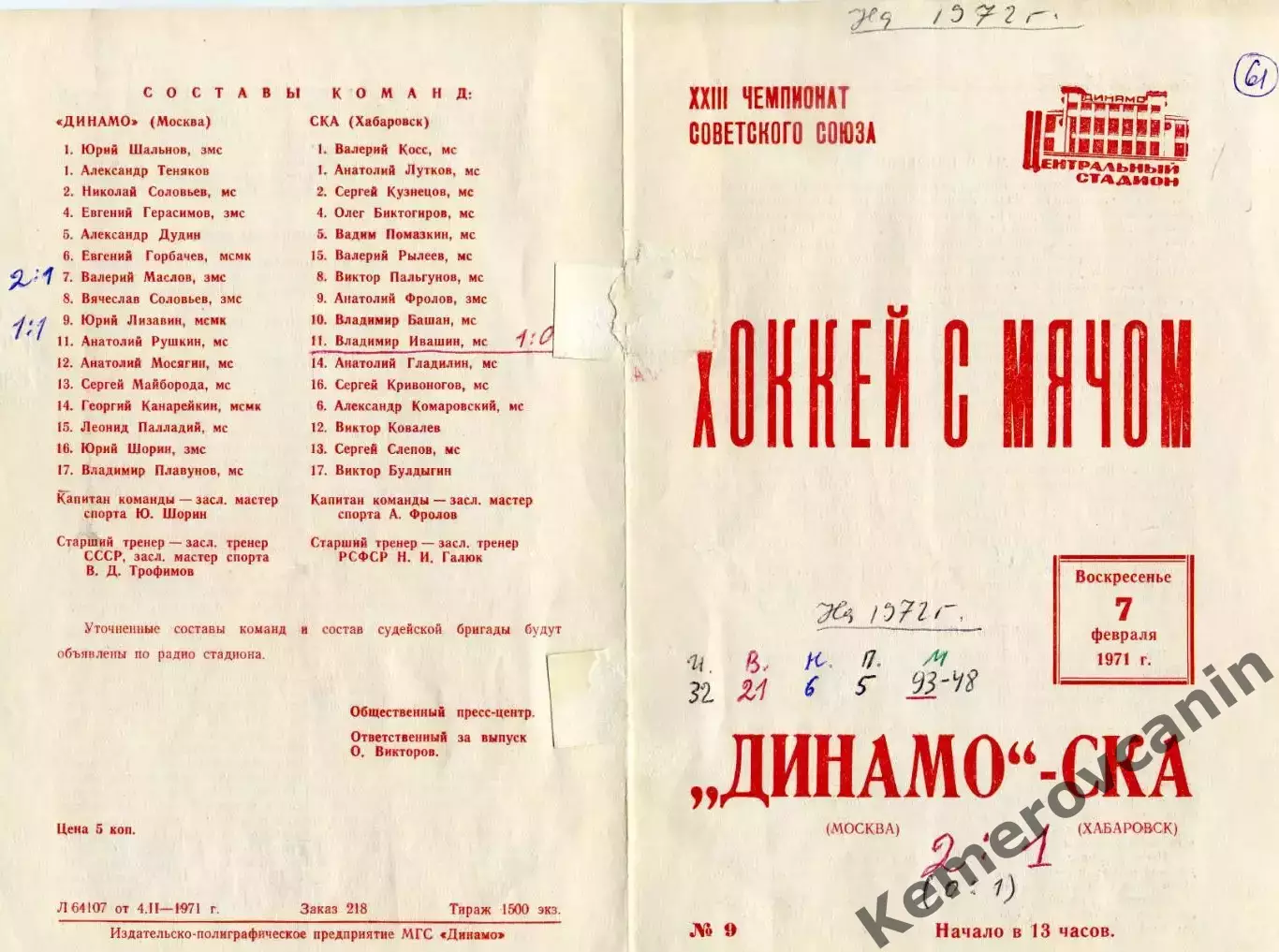 Динамо Москва - СКА Хабаровск 07.02.1971 сезон 1970/1971