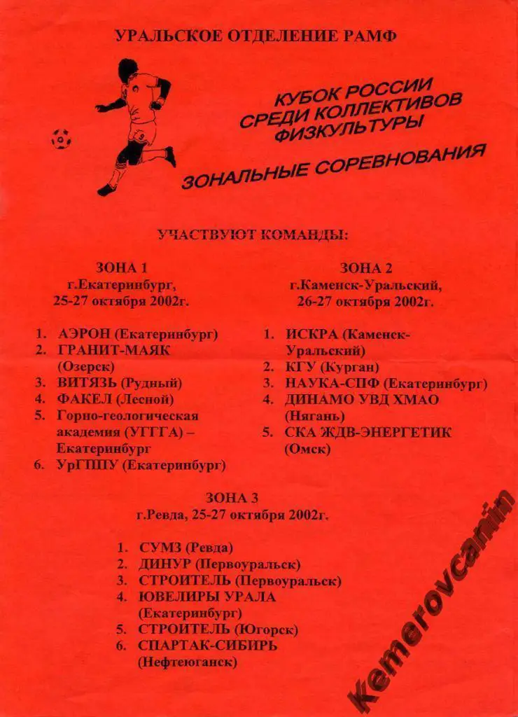 Кубок КФК Екатеринбург Каменск-Уральский Ревда 25-27.10.02 Курган Омск Югорск Оз