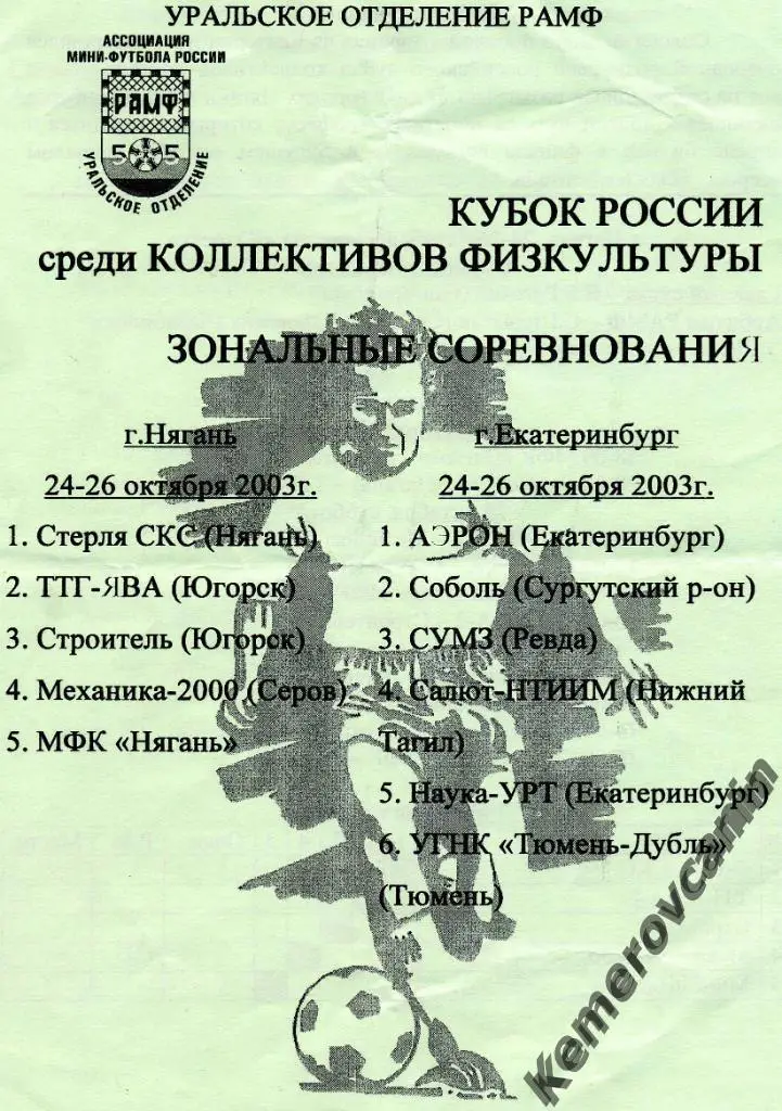 Кубок КФК Нягань Екатеринбург 24-26.10.03 Югорск Серов Ревда Тюмень Нижний Тагил