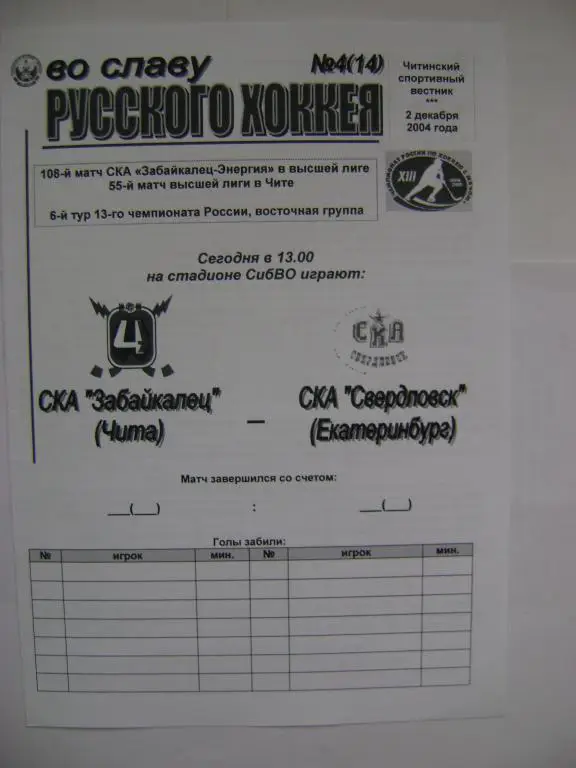 СКА-Забайкалец Чита-СКА-Свердлвск Екатеринбург 02.12.2004