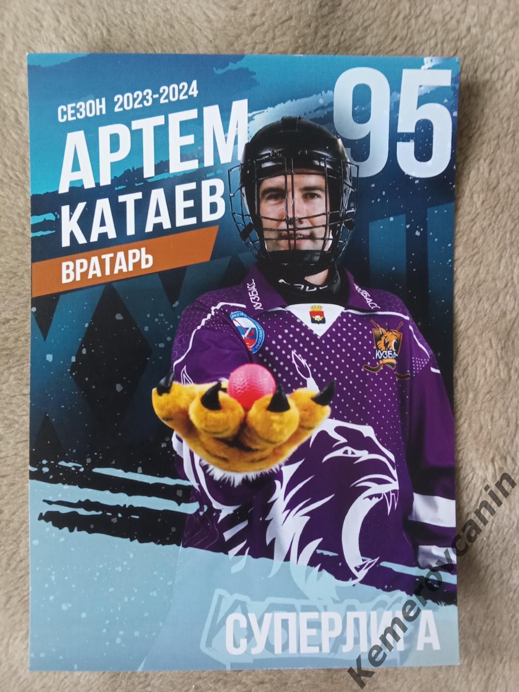Хоккей с мячом #95 Артем Катаев Кузбасс Кемерово чемпион 2023/2024 карточка А5
