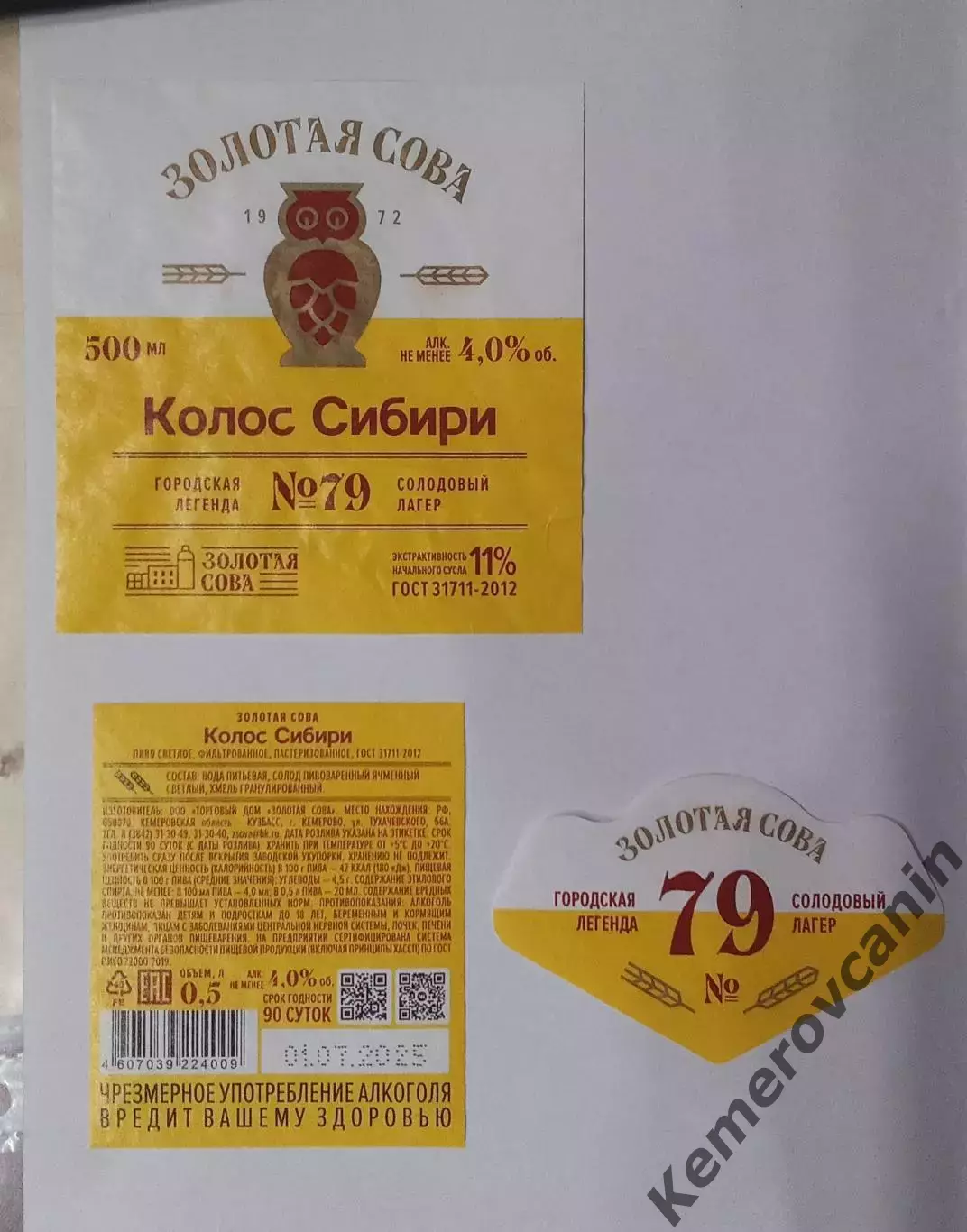 Этикетка пиво 2025 Золотая Сова Кемерово Колос Сибири #79 0.5 литра стекло