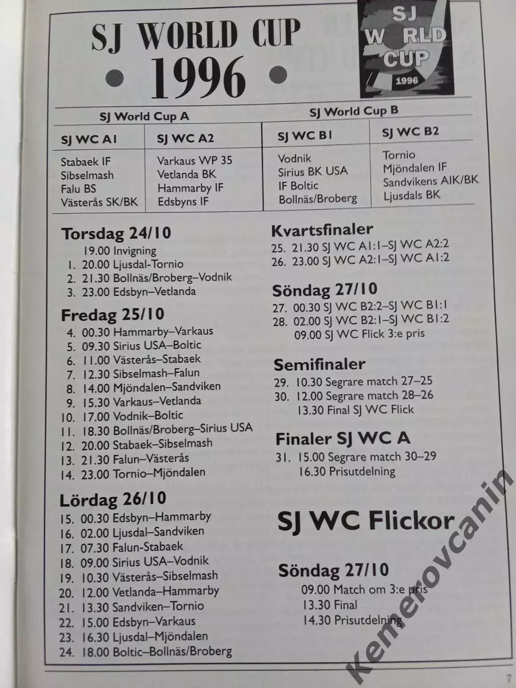 Кубок мира 24-27.10.1996 Юсдаль Швеция Водник Архангельск Сибсельмаш Новосибирск 1