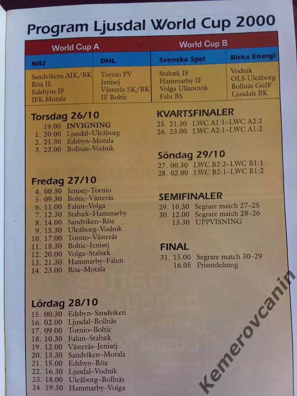 Кубок мира 26-29.10.2000 Швеция Волга Ульян Водник Архангельск Енисей Красноярск 1