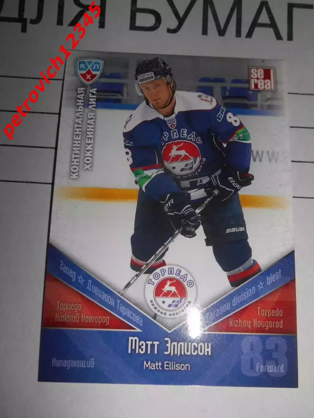 хоккей.карточка - ТОP022 - Matt Ellison - Torpedo Nizhny Novgorod