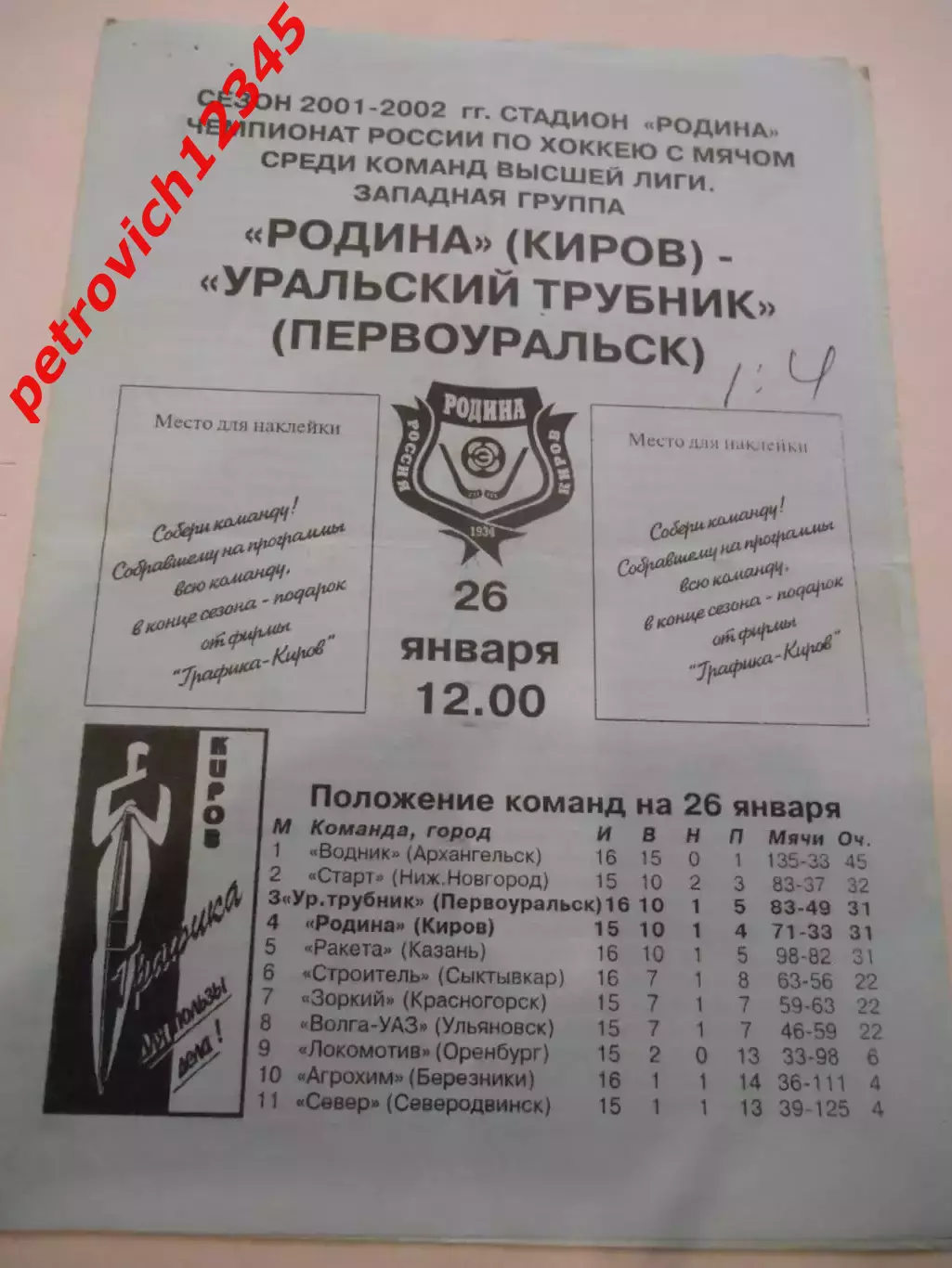 Родина Киров - Уральский Трубник Первоуральск - 26 января 2002г