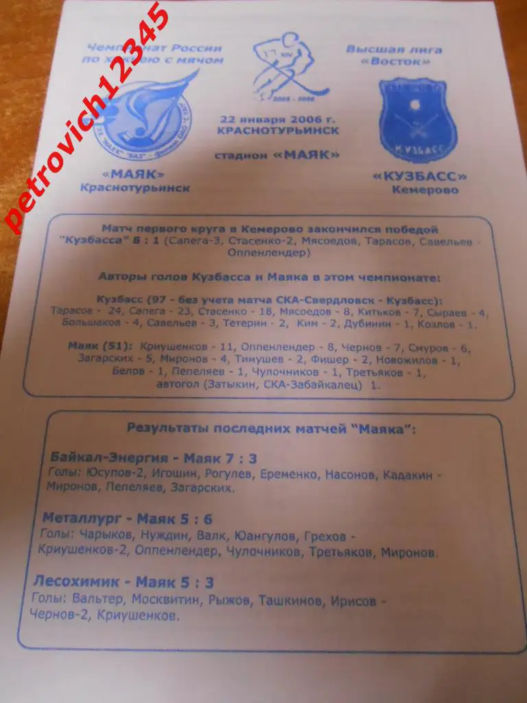 Маяк Краснотурьинск - Кузбасс Кемерово - 22 января - 2006г