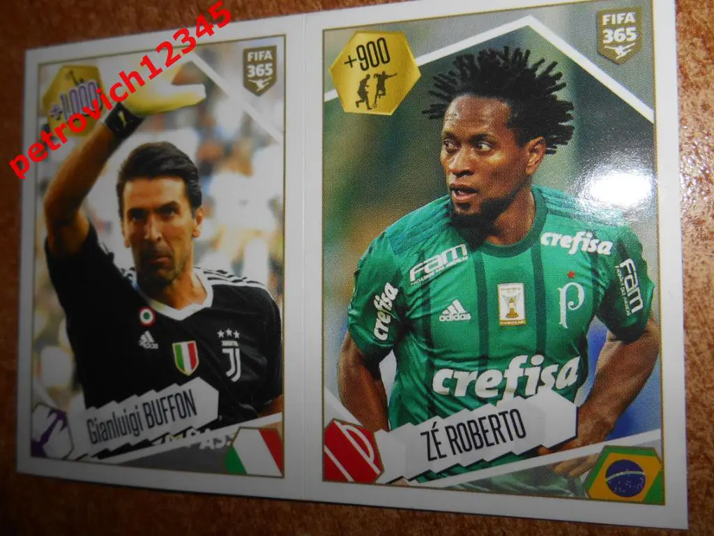 Наклейка PANINI FIFA 365 = Gianluigi Buffon / Ze Roberto (Top appearances)