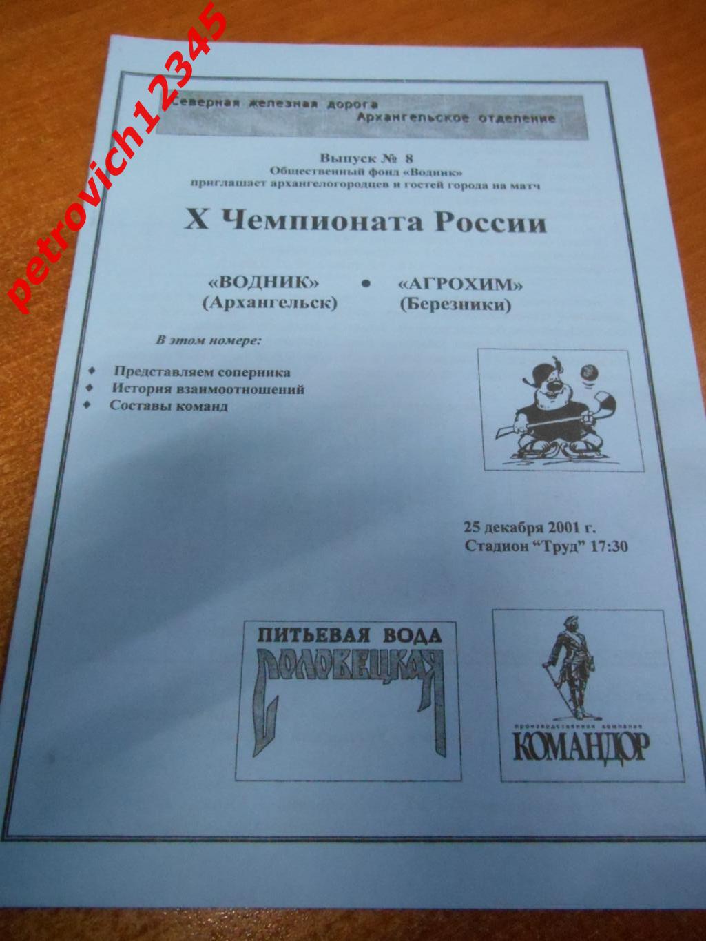 Водник Архангельск - Агрохим Березники - 25 декабря 2001г