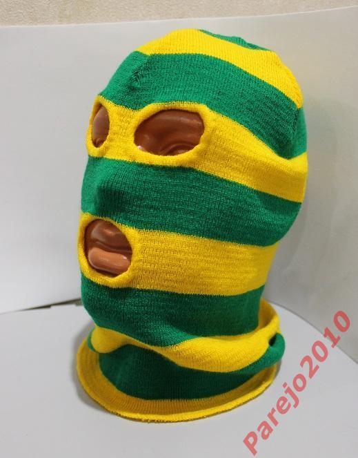 Шапка - маска зелено-оранжевая, фанатская, вязанная