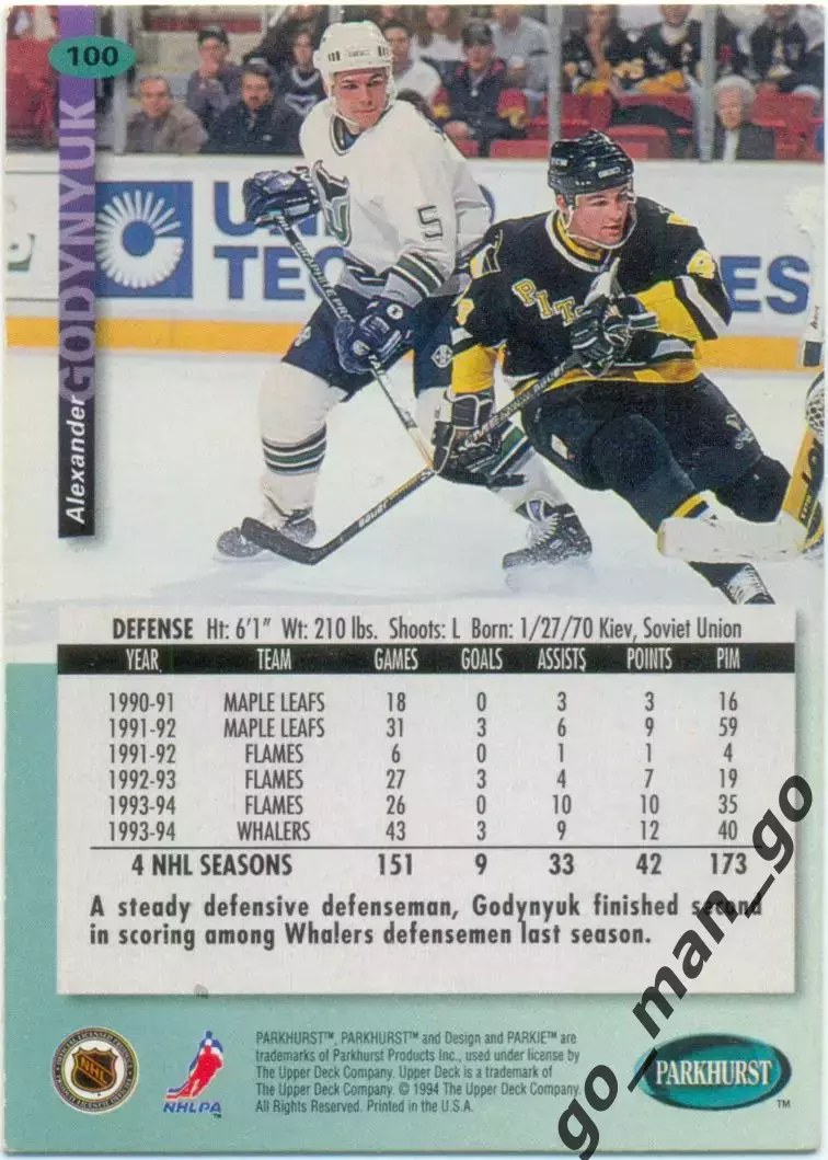 Alexander Godynyuk Александр Годынюк Hartford Whalers. Parkhurst 1994-1995 № 100 1