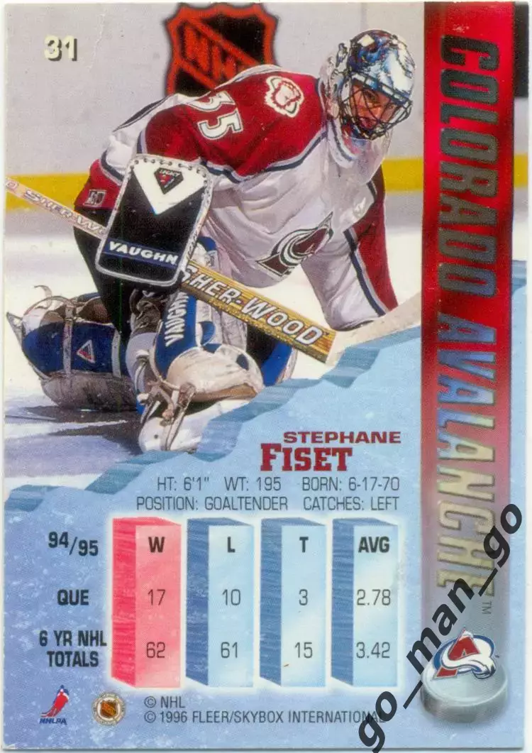 Stephane Fiset (Colorado Avalanche). Fleer Metal NHL 1995-1996, № 31. 1