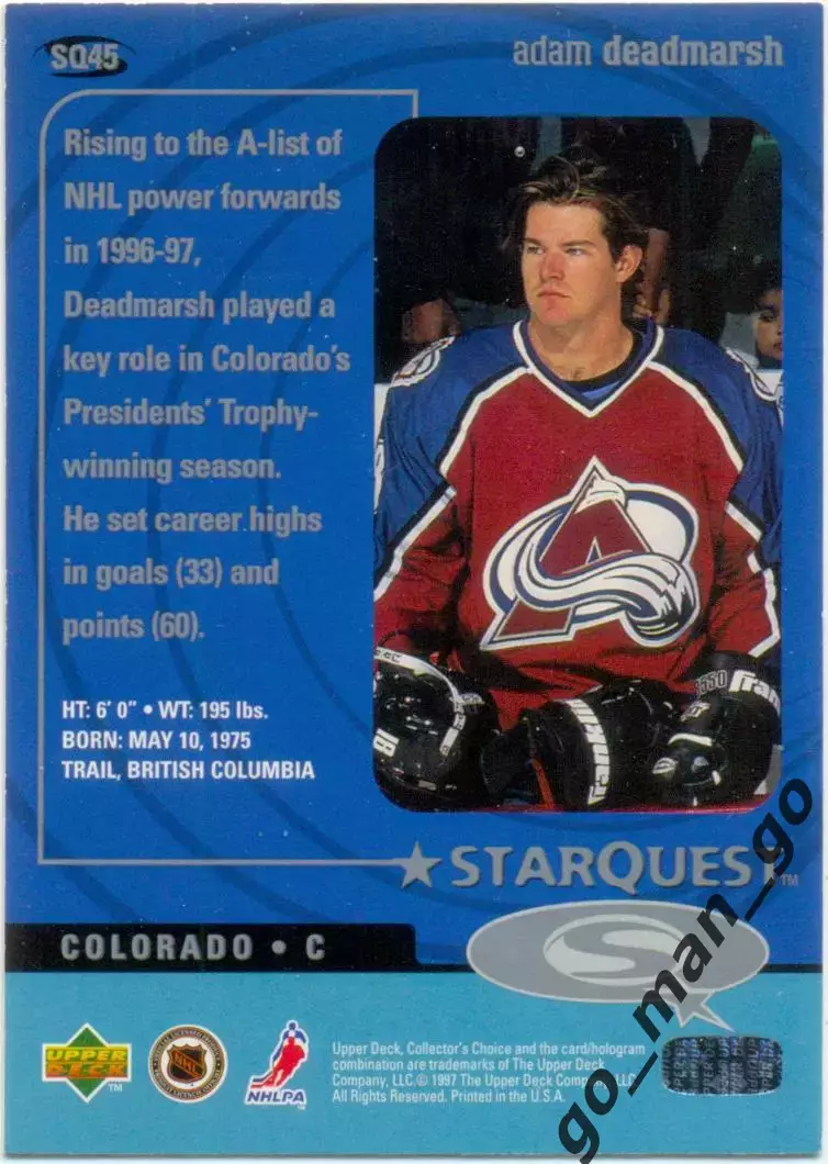 Adam Deadmarsh Colorado Avalanche. Upper Deck Collector's Choice 1997-1998, SQ45 1