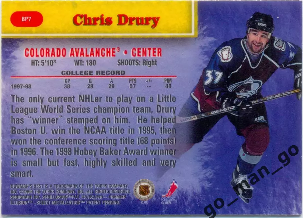 Chris Drury Colorado Avalanche. Topps Bowman's Best Performers NHL 1998-1999 BP7 1