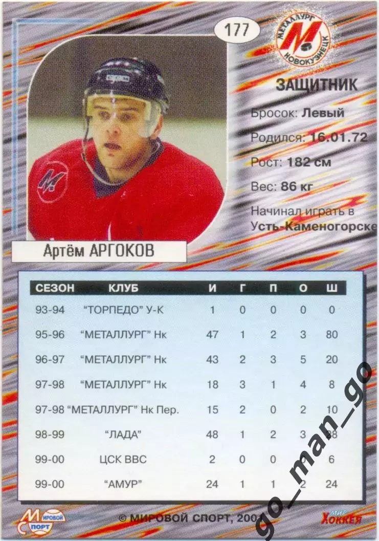 Артём Аргоков (Металлург Новокузнецк). Мировой спорт Российский хоккей 2000-2001 1