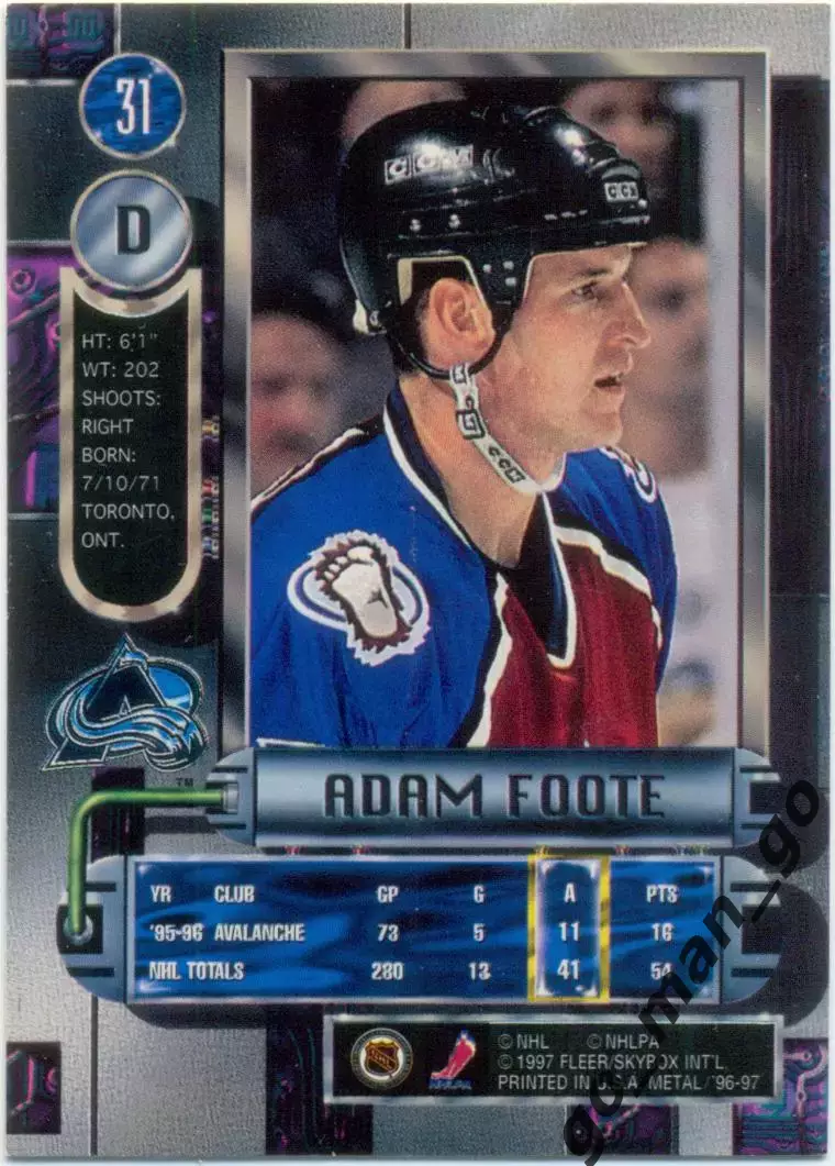 Adam Foote (Colorado Avalanche). Fleer Metal Universe NHL 1996-1997, № 31. 1