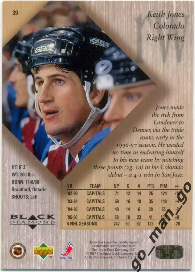 Keith Jones (Colorado Avalanche). Upper Deck Black Diamond NHL 1996-1997, № 39. 1