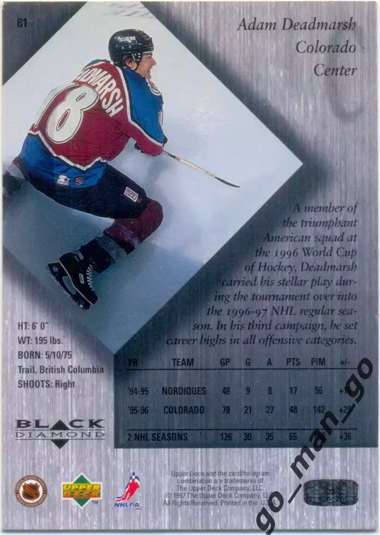 Adam Deadmarsh (Colorado Avalanche). Upper Deck Black Diamond NHL 1996-1997 № 81 1