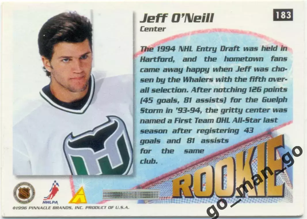 Jeff O'Neill (Hartford Whalers). Pinnacle Summit NHL 1995-1996, № 183, Rookie. 1