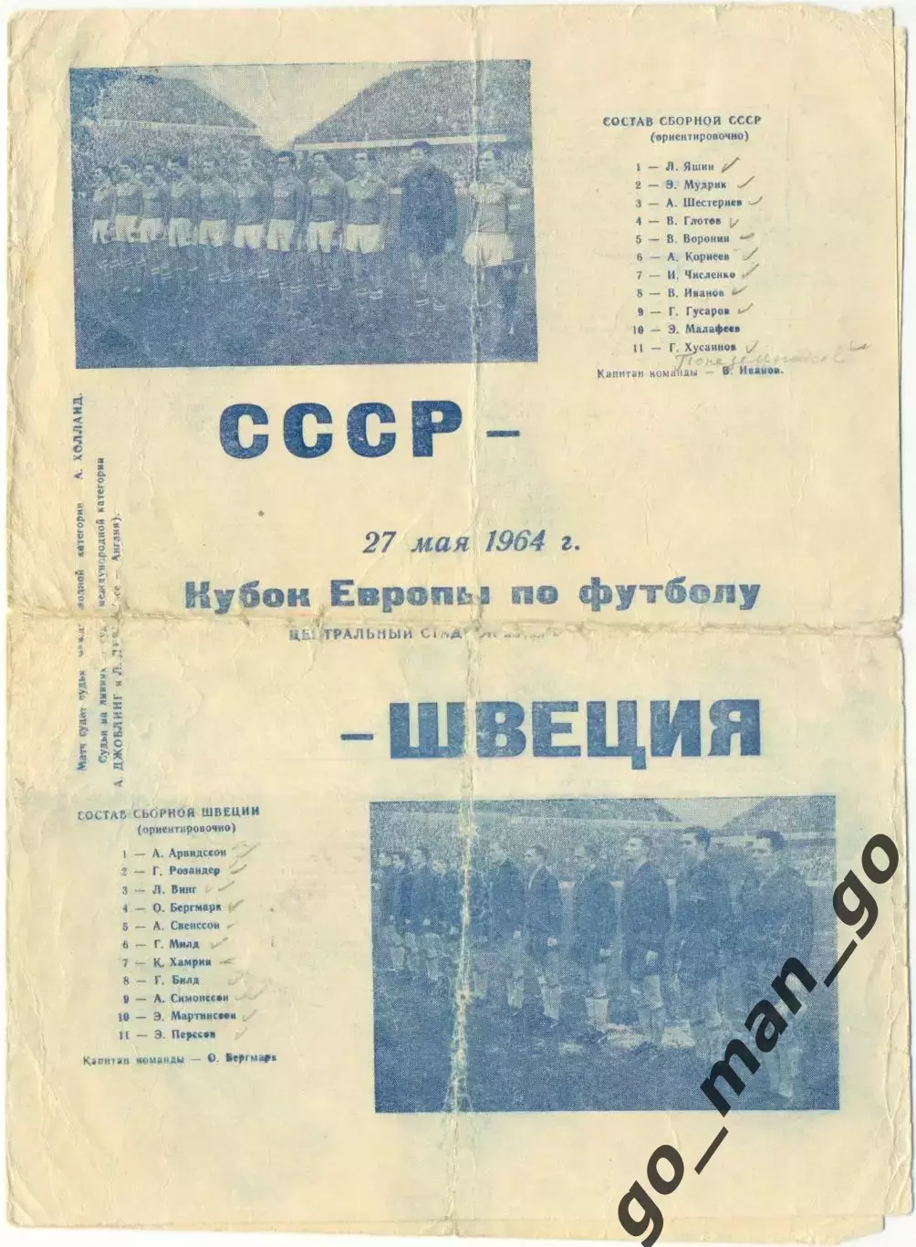СССР сборная – ШВЕЦИЯ сборная 27.05.1964, Кубок Европы, 1/4 финала.