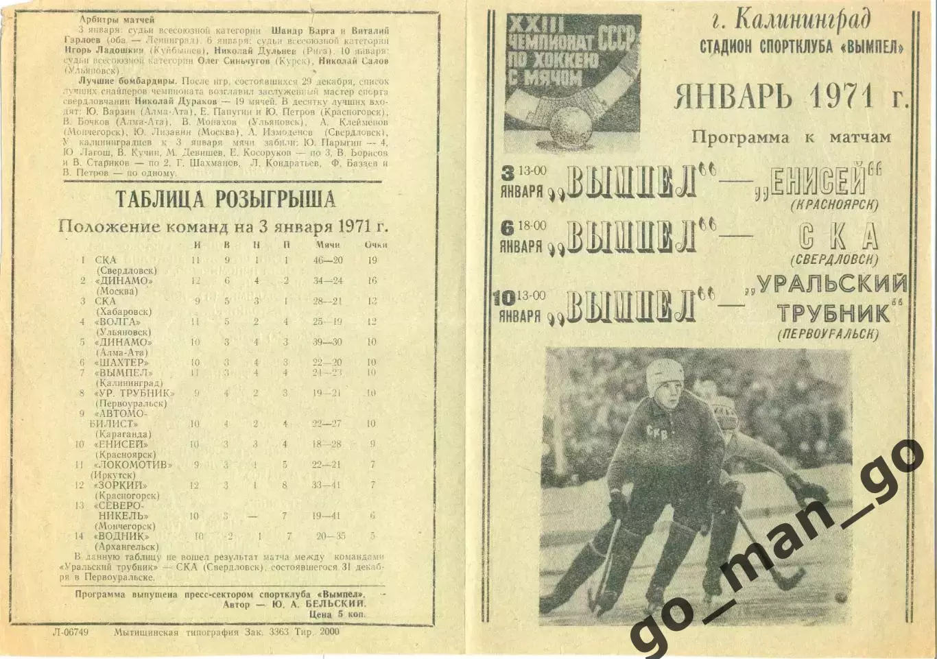 ВЫМПЕЛ Калининград – ЕНИСЕЙ Красноярск, СКА Свердловск, УРАЛЬСКИЙ ТРУБНИК 1971. 1